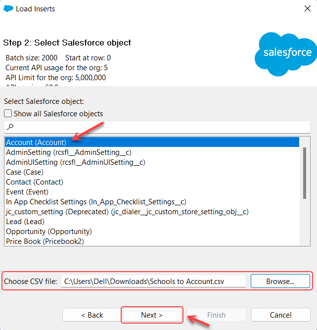 Select the Object and CSV file to import.