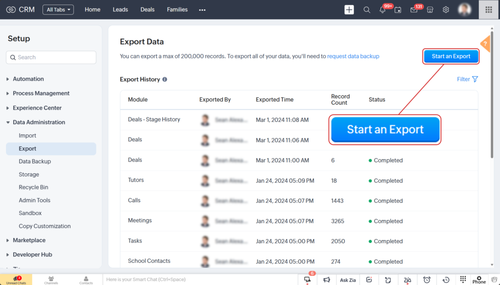 Start a Data Migration by clicking on Export.